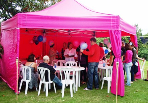 6m Pink Dome Marquee with Patio Tables and Chairs